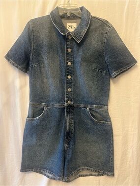 Zara Denim Utility Romper Short Sleeve Snap Front Blue Jean Romper XL NWT